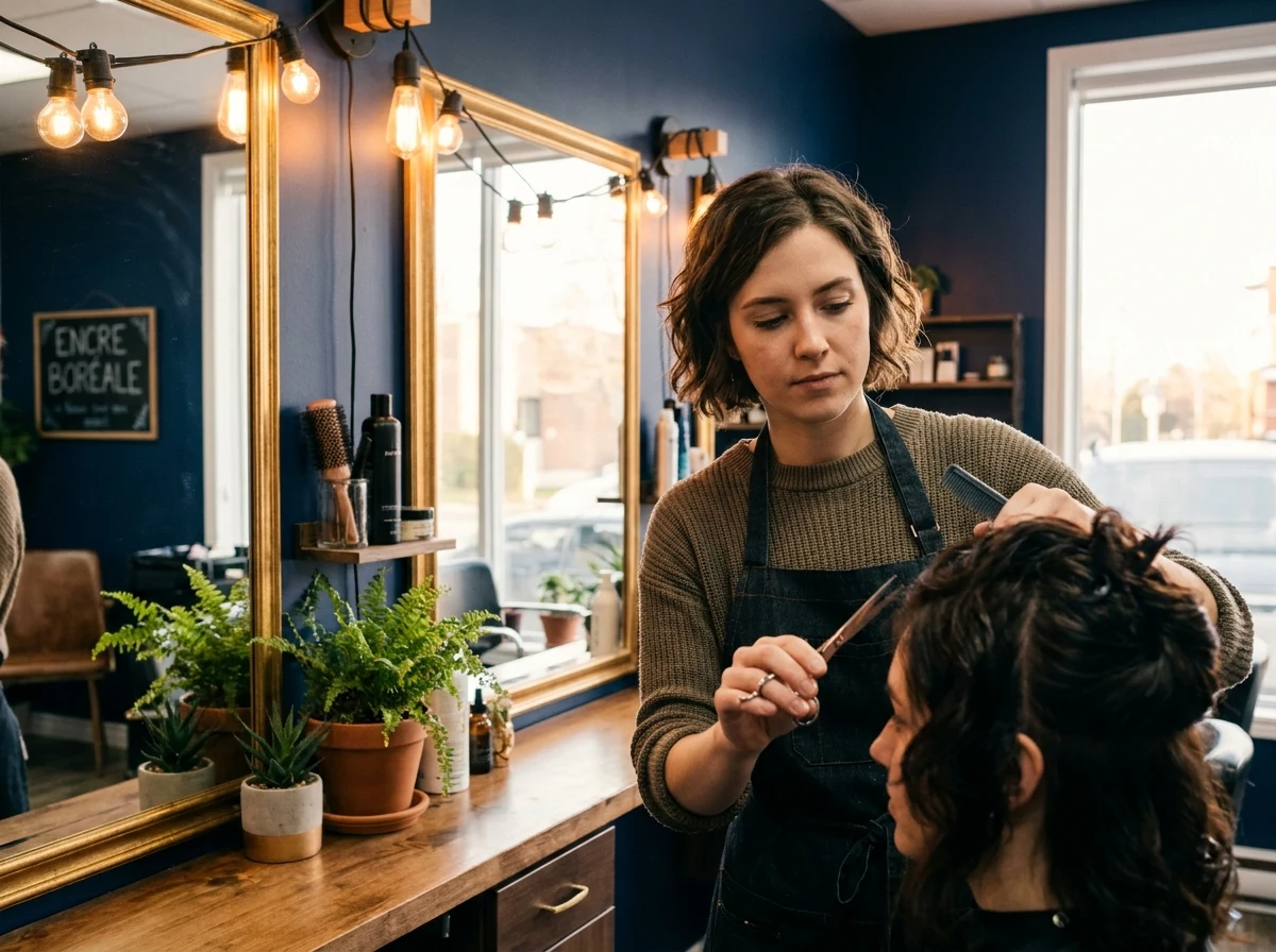 Coiffeuse-propriétaire terminant une coupe.