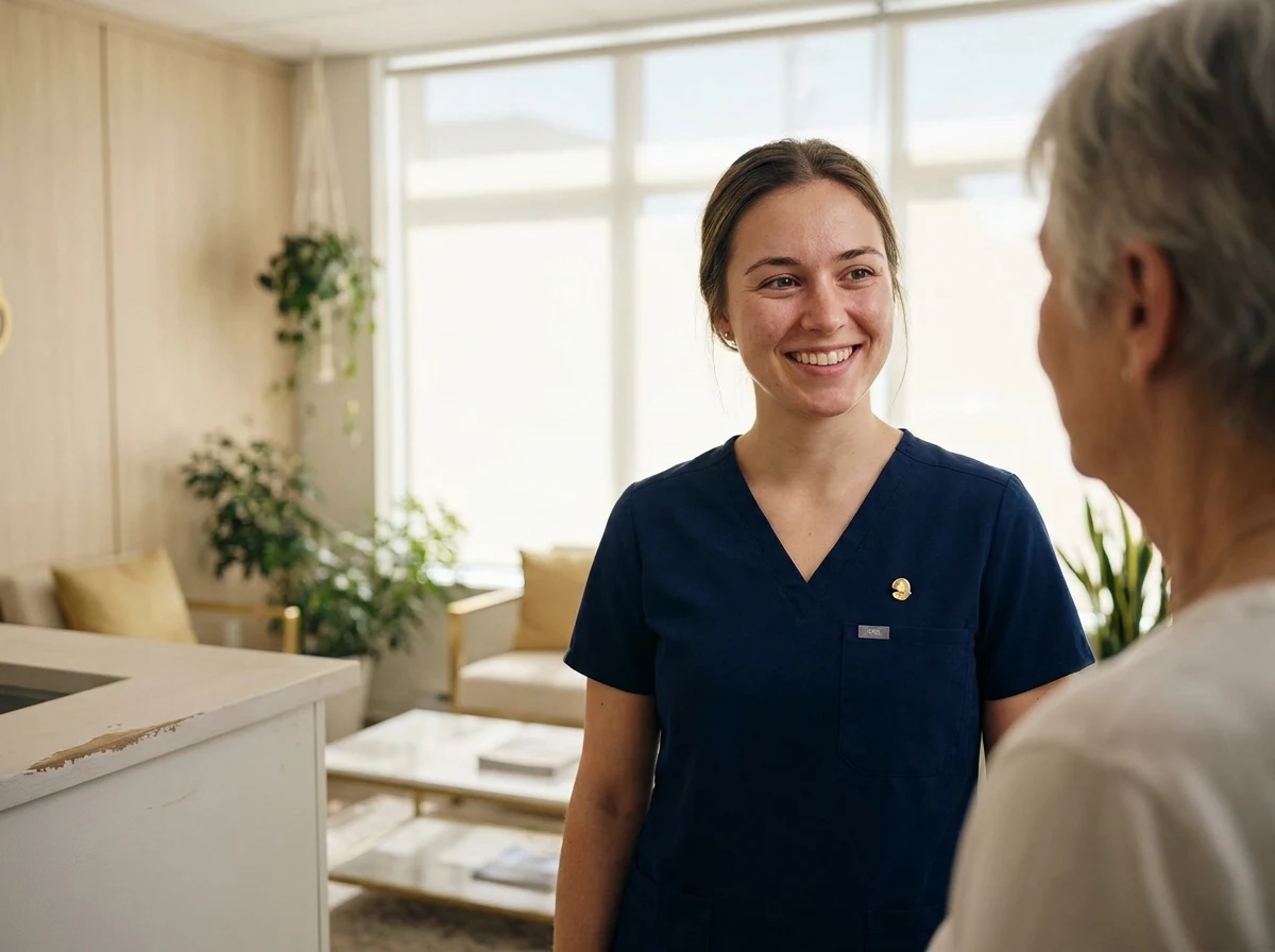 Clinicienne accueillant un patient dans une clinique moderne.