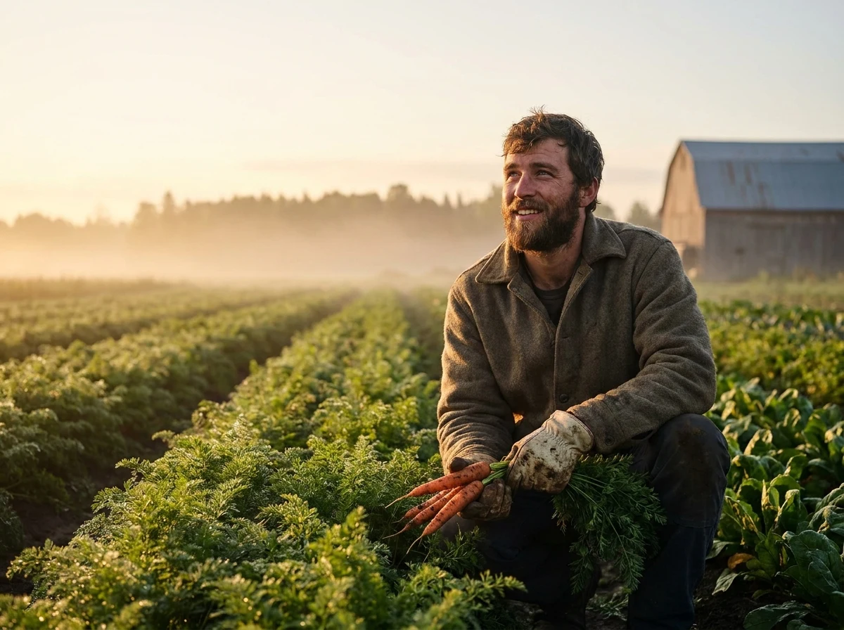 Jeune agricultrice inspectant ses cultures à l'aube.