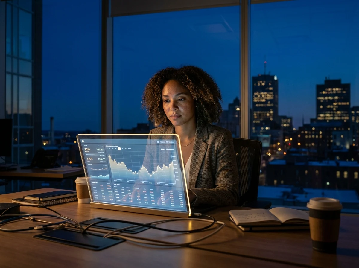 Fondateur fintech analysant des tableaux de bord.