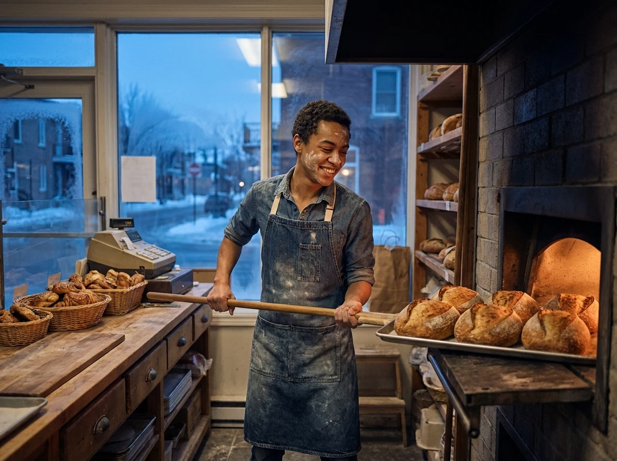 Boulanger artisan disposant des pains frais à l'aube.