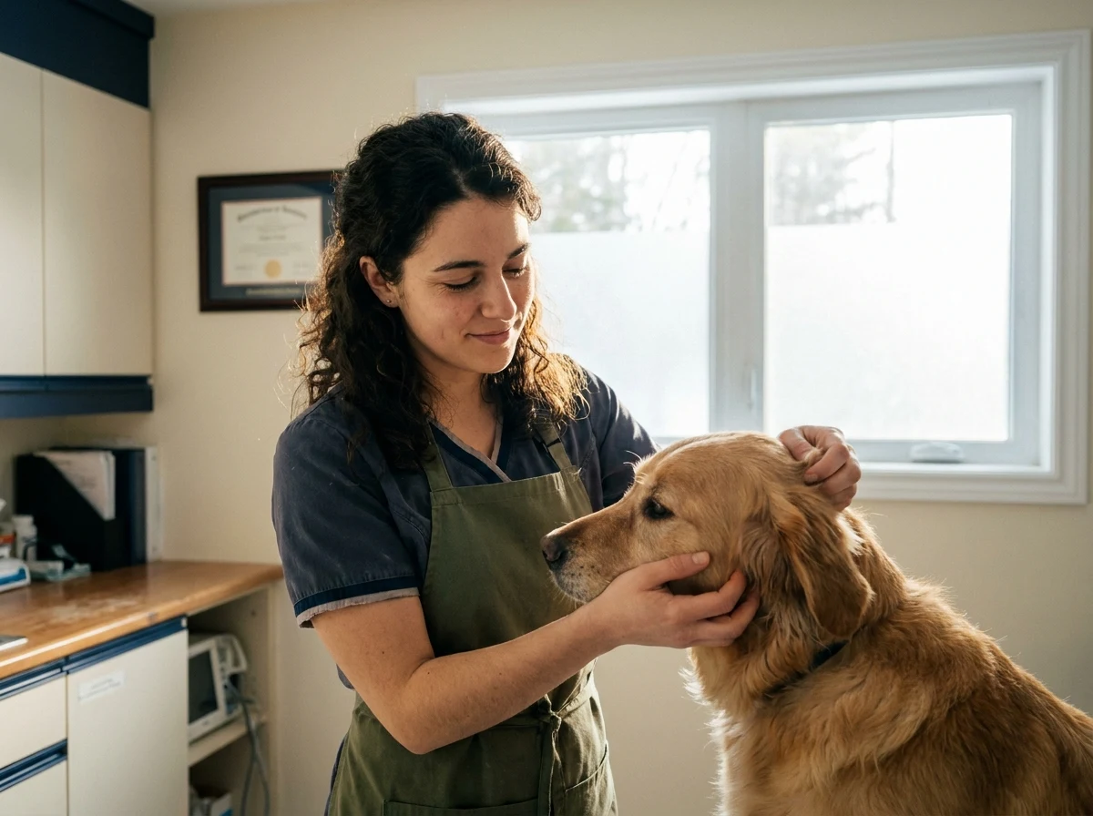 Vétérinaire s'occupant d'un chien avec douceur.