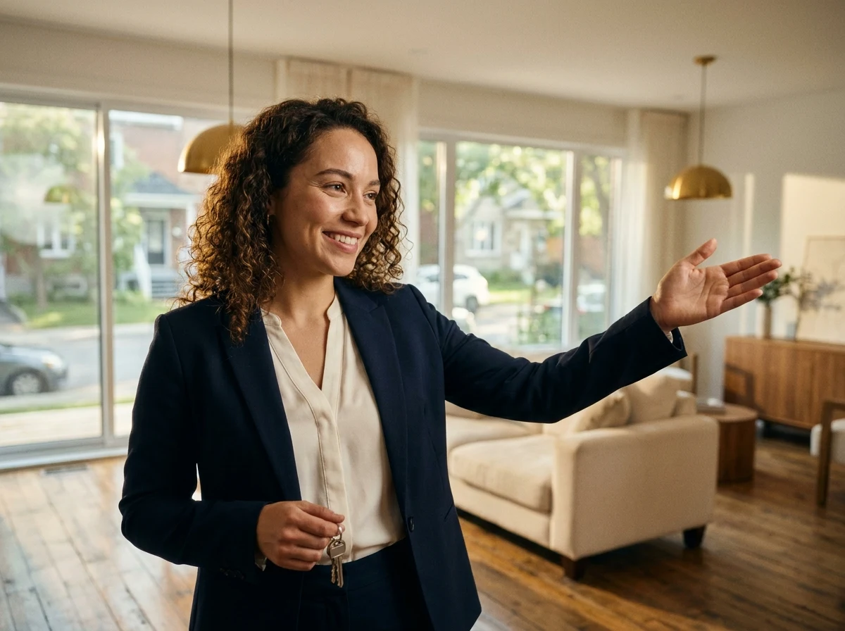 Courtière immobilière présentant une propriété lumineuse.