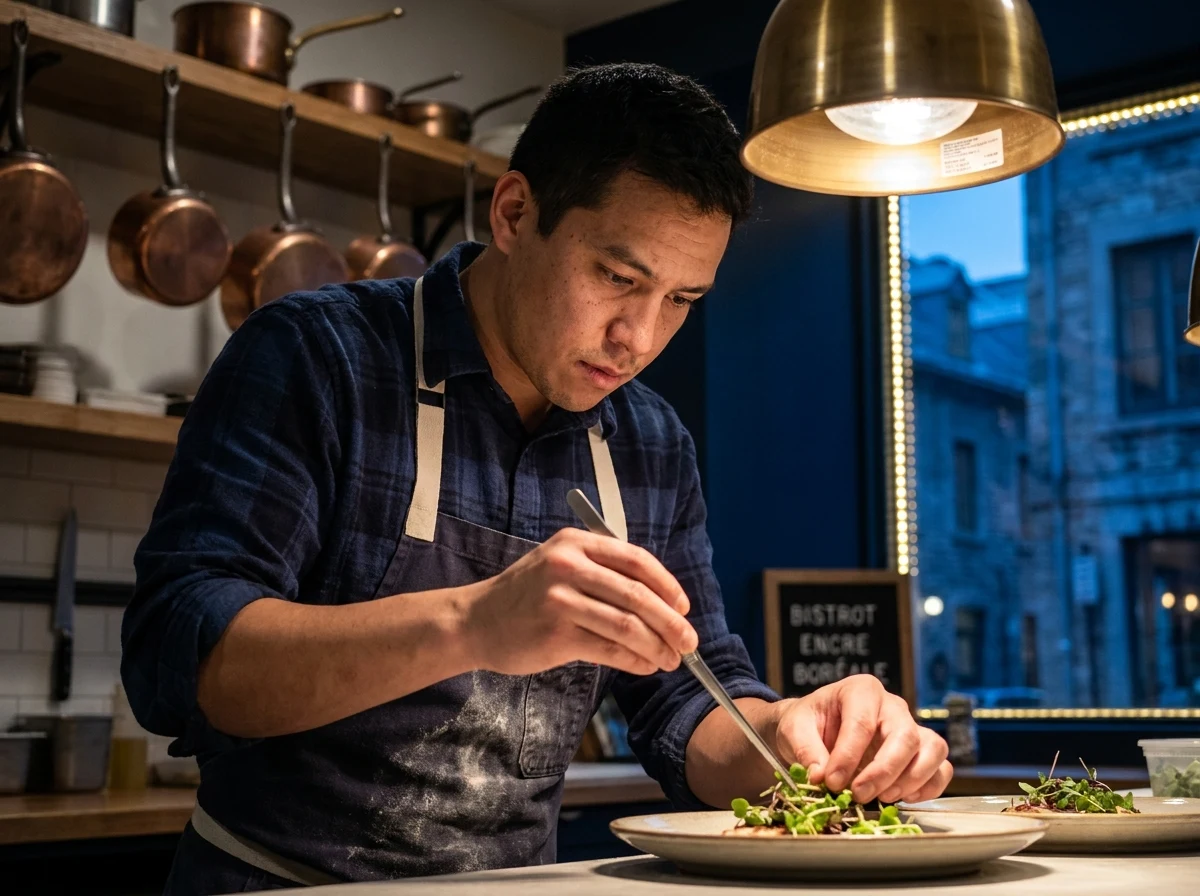 Chef-propriétaire dressant une assiette au passe.