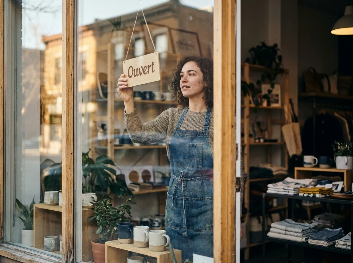 Propriétaire de boutique disposant une vitrine soignée.