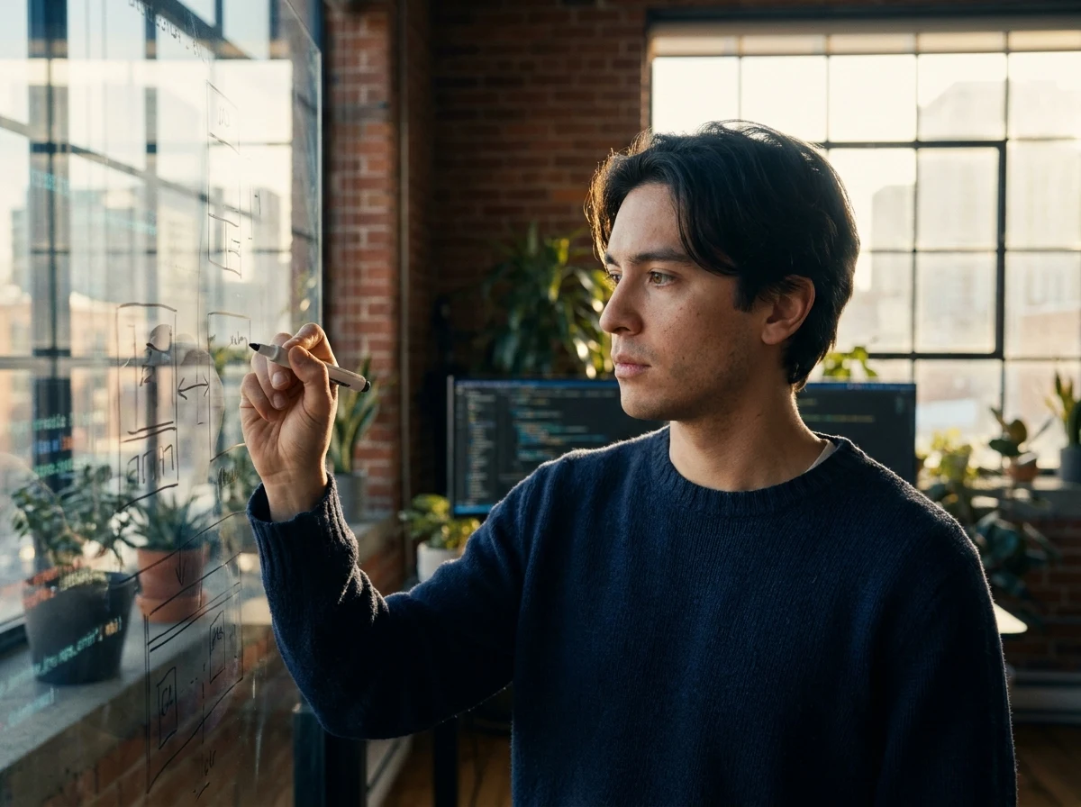 Fondateur tech esquissant une architecture sur paroi vitrée.