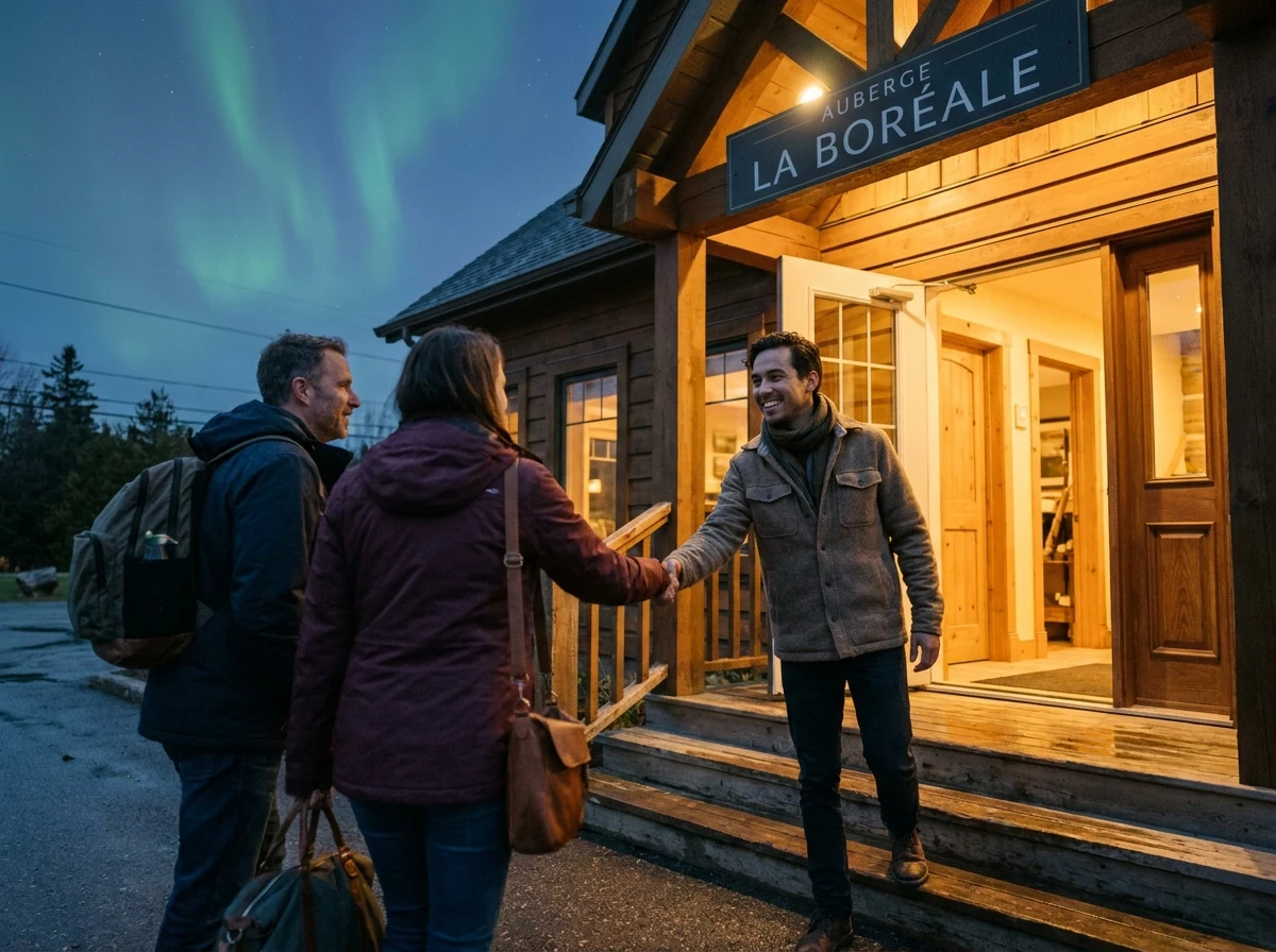 Hôtelière accueillant des visiteurs dans une auberge.