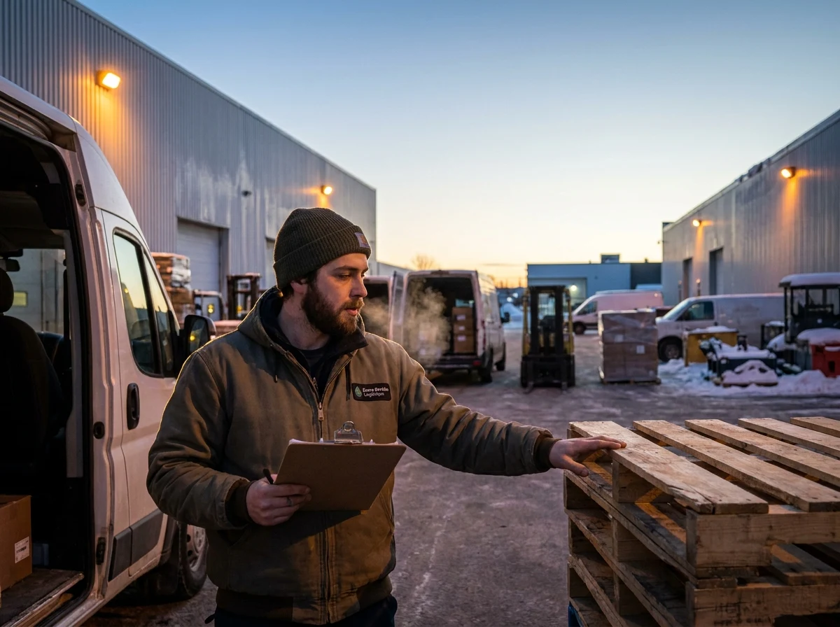 Propriétaire en logistique vérifiant un fourgon à l'aube.